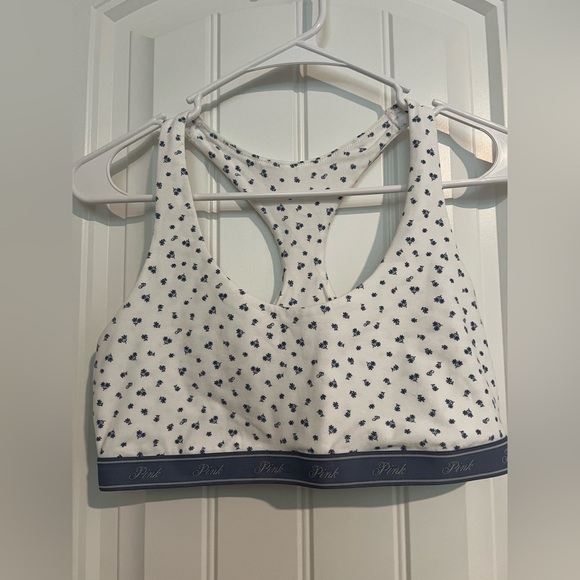 PINK Victoria's Secret Cotton Racerback Bralette, White Floral Print Sports Bra - Picture 4 of 8